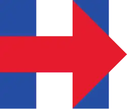 Clinton's 2016 presidential campaign logo, a large blue letter "H" with a red arrow facing right, overlaying the horizontal bar of the "H". The head of the arrow is also overlaid over the right vertical bar of the "H", with two small blue triangles poking out where the bar of the "H" is not covered by the arrow.