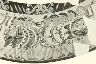 Vaso Chigi, un olpe (ολπη -jarra, más pequeña que el oinokhoe-) estilo protocorintio (hacia 650 a. C.) hallado en una tumba etrusca.[58]​