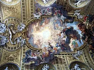 Glorificación del nombre de Jesús, trampantojo de la bóveda de Il Gesù (la iglesia matriz de los jesuitas, en Roma), de Baciccio (Giovanni Battista Baulli), 1668-1673.