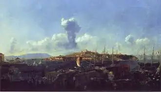 Pintura de paisagem mostrando uma cena do porto ocupado em primeiro plano com uma ilha subindo na distância média, que é coroada por uma variedade de grandes edifícios.