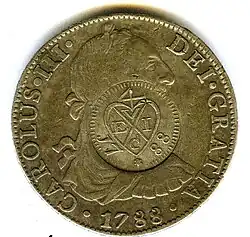 Anverso de moneda de 8 reales (plata) de Carlos III de 1788 resellada en la India británica.