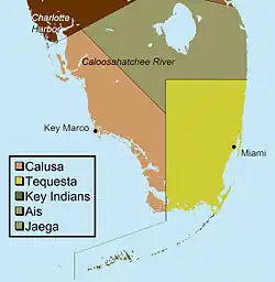 Mapa de colores de la porción inferior de la península de Florida peninsula dividida en tres regiones
