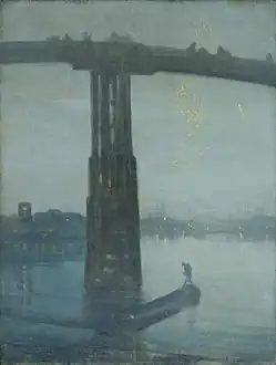 Vista nocturna azul y dorada: Puente Old Battersea, obra de Whistler (hacia 1872-1875).
