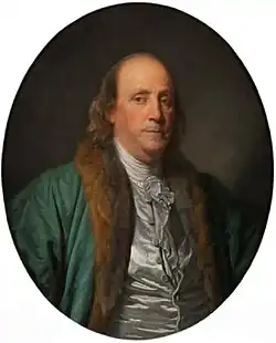 Painting of Benjamin Franklin in green coat