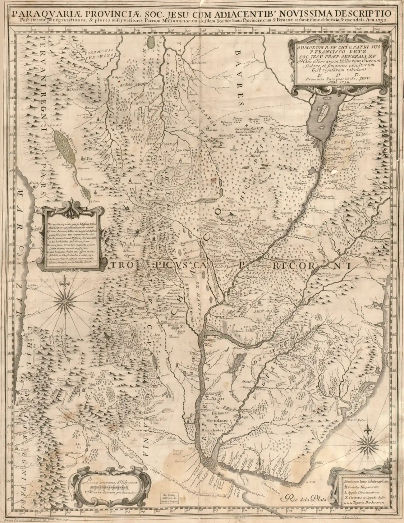 Banda Oriental del Paraná. Se marca el territorio de los Charrúas, en la actual Entre Ríos. Mapa de la provincia Paraguaya Jesuítica, año 1732.
