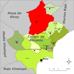 Localización de Jijona respecto a la comarca del Campo de Alicante