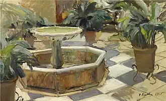 Fuente en un patio sevillano (1915), en cp.