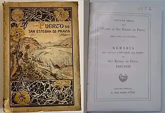 Portadas de ''Memoria del estado y progreso del puerto de San Esteban de Pravia'' publicadas en 1930 por la Junta de Obras bajo la dirección de José Marín Toyos