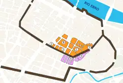 Plano de Zaragoza; la judería vieja en naranja, la judería nueva en morado.