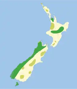 alt=Distribución histórica del kakapo: Máxima distribución desde 1840 Evidencia fósil