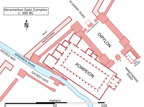 Plano del Pompeion dentro de la muralla de Atenas. Alrededor del año 300 a. C.