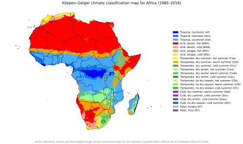Mapa actual y pasado de África según la clasificación climática de Köppen para el período 1980–2016.