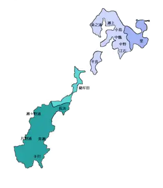 Mapa de las islas Koshikijima (rótulos en japonés)