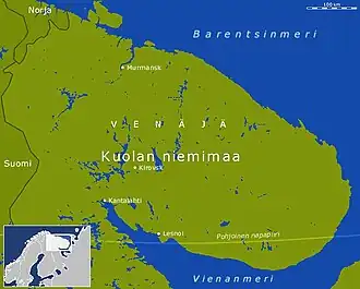 Múrmansk en un mapa de la península de Kola