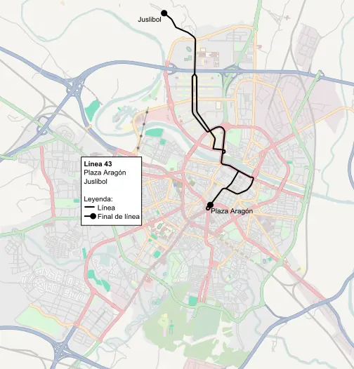 Recorrido de la línea 43 de TUZSA en la ciudad de Zaragoza.