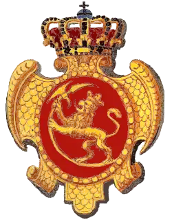 Versión de 1733 Procedente de un arco erigido en Trondheim con motivo de una visita real. El mango del hacha ha adoptado una forma curva que se mantendrá hasta 1844.