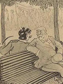 Un soldado prusiano habla con un hombre francés discretamente en un banco de parque.