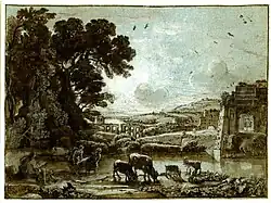 Dibujo de paisaje pastoril con el Arco de Tito en Longford Castle