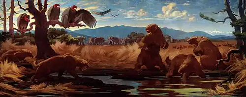 Pintura de un perezoso en un pozo de brea amenazado por un dientes de sable, con cóndores esperando en un árbol