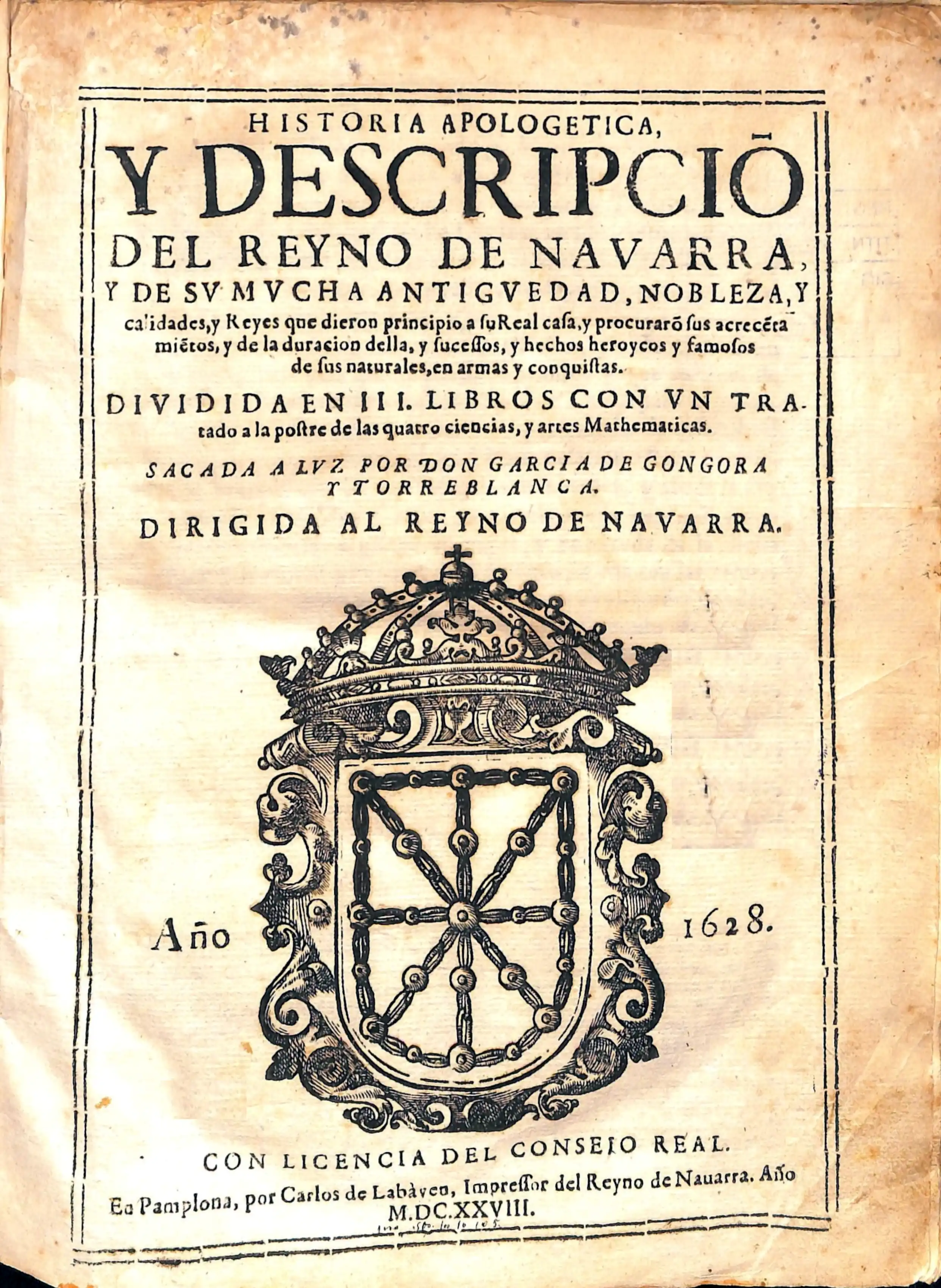 "Descripción del Reyno de Navarra" (1628), impresa por Carlos de Labayen "Impressor del Reyno de Navarra"