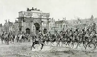 Napoléon passant en revue ses troupes devant l'arc de triomphe du Carrousel en 1810 (1901), aguafuerte de Auguste Boulard (hijo) según François Flameng.