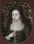 Anne Pope, hermana política de Elizabeth Pope, 1615. Su vestido está modelado con claveles, rosas y fresas; la cerezas del árbol simbolizan la virtud.<ref>Gallery notes, Tate Britain (retrieved 29 January 2008).