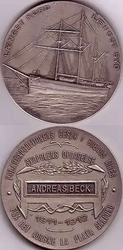 Medallón otorgado a Beck por la Asociación Noruega de La Plata