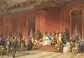 Besamanos por las bodas reales de la reina Isabel II y su hermana la infanta Luisa Fernanda en el Salón del Trono del Palacio Real de Madrid (1846).
