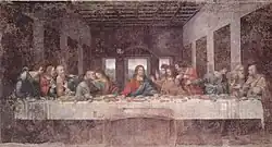 Rectangular fresco, in very damaged condition, of the Last Supper. The scene shows a table across a room which has three windows at the rear. At the centre, Jesus sits, stretching out his hands, the left palm up and the right down. Around the table, are the disciples, twelve men of different ages. They are all reacting in surprise or dismay at what Jesus has just said. The different emotional reactions and gestures are portrayed with great naturalism.