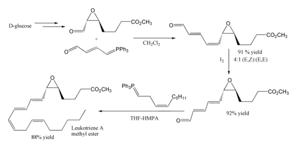 Un ejemplo del uso de la reacción de Wittig en síntesis, dando lugar al éster metílico del Leucotrieno A