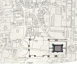 Esquema que indica la ubicación del castillo destruido con el catastro actual.