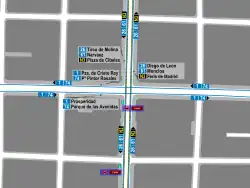 Mapa zonal de la estación de Lista con los recorridos de las líneas de autobuses, entre las que aparece el 26.