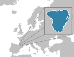 Localización de Bearne en Europa. La región de Bearne, dentro de los Pirineos Atlánticos, rodeada al sur por España, al oeste por Sola y Baja Navarra, al norte por las Landas, al noreste por el Gers y al este por los Altos Pirineos.