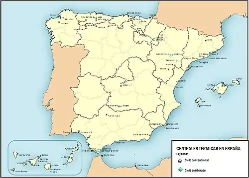 Distribución en España de las centrales térmicas en 2012.