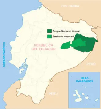 Ubicación del parque nacional Yasuní (PNY) en verde oscuro y reserva étnica Waorani (REW) en verde claro.