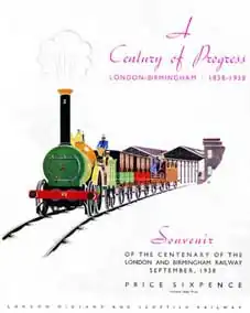 Conmemoración del centenario del Ferrocarril de Londres y Birmingham en 1938, que ilustra la locomotora [2-2-0] de Edward Bury