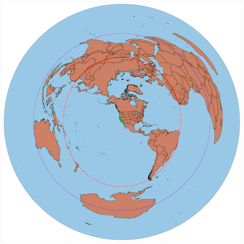 Mapa centrado en Los Ángeles, cuya antípoda se encuentra en el sur del Océano Índico.
