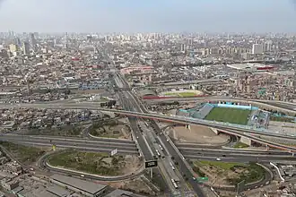 Paso a desnivel bajo la avenida Caquetá. Se puede apreciar la vía expresa Línea Amarilla y la avenida Alfonso Ugarte.