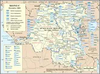 A map of the Democratic Republic of the Congo marked with military map symbols showing type, nationality and location of MONUC units.