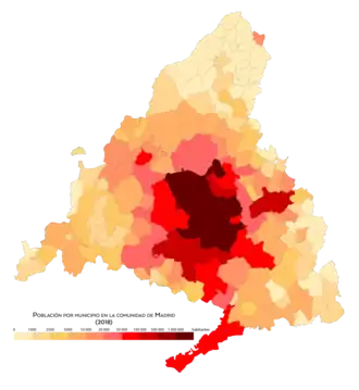 Población por municipios en la comunidad de Madrid en 2018