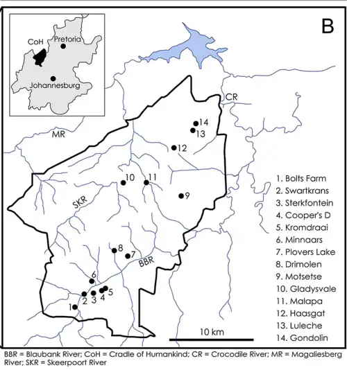 Provincia de Gauteng (arriba en gris) y Cradle of Mankind CoH (en negro), está ampliada abajo. 3 = Sterkfontein.