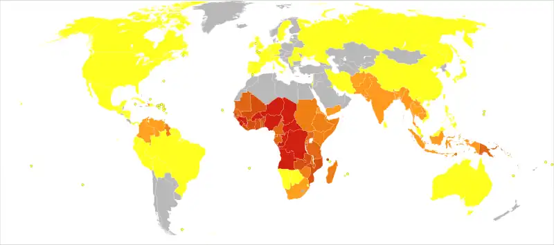 alt=Muertes por malaria en 2012 por millón de personas. Estadísticas de la OMS, agrupadas por deciles &nbsp;&nbsp;&nbsp;&nbsp;&nbsp;0-0 &nbsp;&nbsp;&nbsp;&nbsp;&nbsp;1-2 &nbsp;&nbsp;&nbsp;&nbsp;&nbsp;3-54 &nbsp;&nbsp;&nbsp;&nbsp;&nbsp;55-325 &nbsp;&nbsp;&nbsp;&nbsp;&nbsp;326-679 &nbsp;&nbsp;&nbsp;&nbsp;&nbsp;680-949 &nbsp;&nbsp;&nbsp;&nbsp;&nbsp;950-1358
