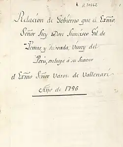 Manuscrito de Perú (F. Gil de Lemos).Portada.