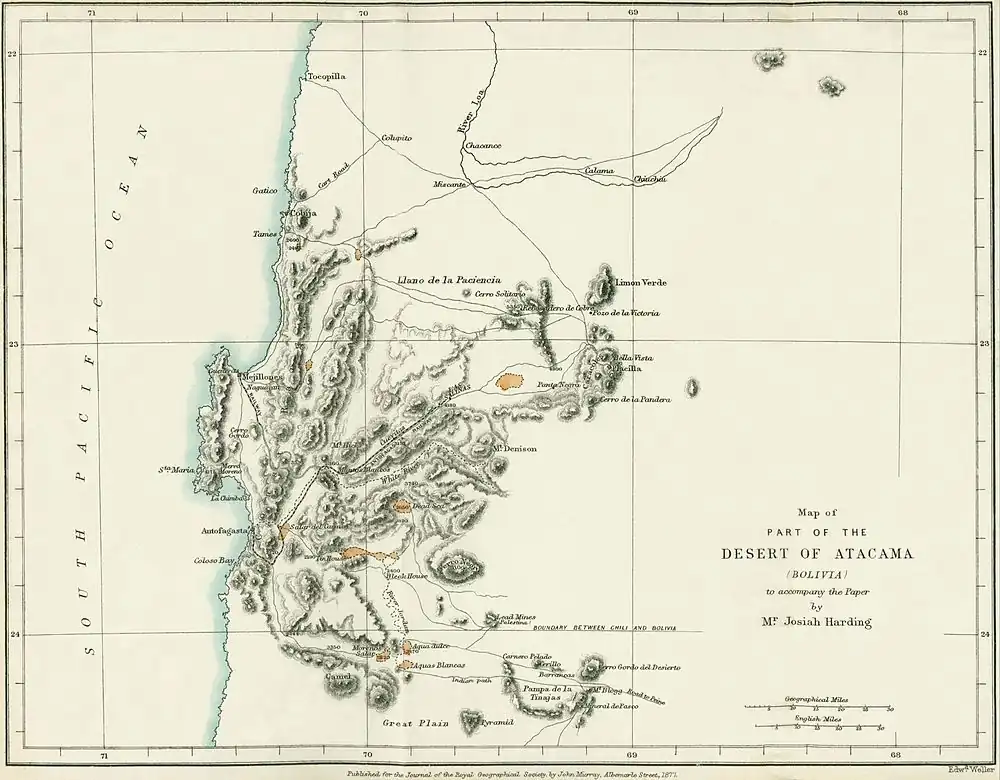 Mapa publicado en la Journal of the Royal Geographical Society por Josiah Harding, constructor del ferrocarril de Antofagasta a Las Salinas en 1873. Ese año el ferrocarril llegó hasta el Salar del Carmen y en 1876 hasta Las Salinas.[7]​