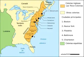 En 1775, los británicos alegaron autoridad sobre las zonas amarillas del mapa y España reclamaba los territorios coloreados de verde. La zona en amarillo oscuro era la zona de asentamiento; la mayoría de la población vivía como máximo a 80 kilómetros del océano.