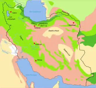 Localización en un mapa de biotopos de Irán Estepa boscosa Bosques Semidesierto Tierras bajas desérticas Estepa Pantanos aluviales salados