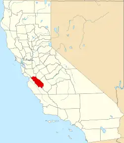 Mapa de California con la ubicación del condado de San Benito