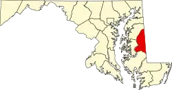 Mapa de Maryland con la ubicación del condado de Caroline