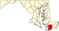 Mapa de Maryland con la ubicación del condado de Somerset