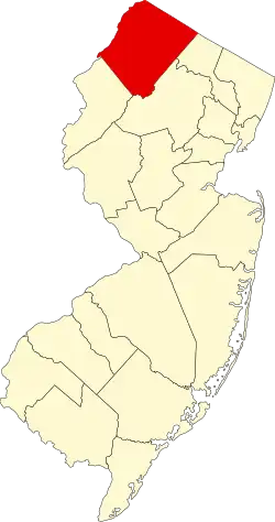 Mapa de Nueva Jersey con la ubicación del condado de Sussex